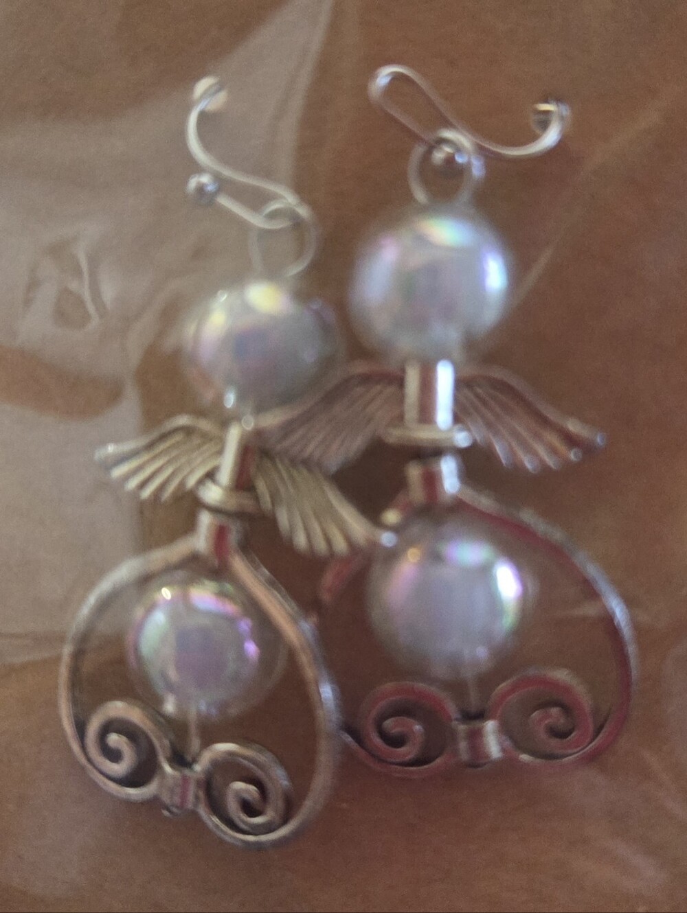 Iridescent Pearl Angel Drop Earrings - Silver Tone